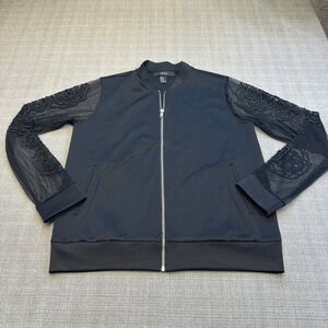 Forever 21 Black Bomber Jacket Womens Medium Mesh Sheer‎ Lace Sleeves Whimsigoth